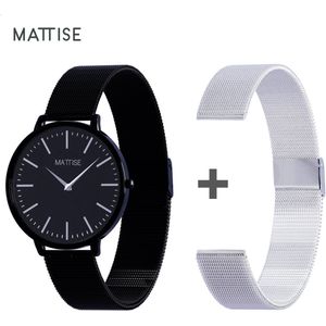 MATTISE Zwart RVS Horloge met Zwart en Zilver Staal Gewoven Horlogebandjes - 38mm Ø Quartz Uurwerk - Horloges voor Mannen Heren Dames