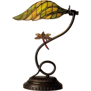 LumiLamp Tiffany Tafellamp Ø 34x45 cm Groen Bruin Glas Libelle Tiffany Bureaulamp