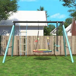 Kinderschommel met metalen frame - nestboomschommel (in hoogte verstelbaar), klimladder en klimnet - wip achtertuinspeeltuin - buitenspeelstandaard - geschikt voor kinderen van 3 tot 8 jaar - blauw