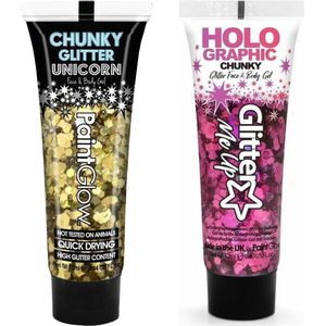 Toppers - Paintglow Chunky Glittergel voor lichaam en gezicht - 2 tubes - goud en fuchsia - 12 ml