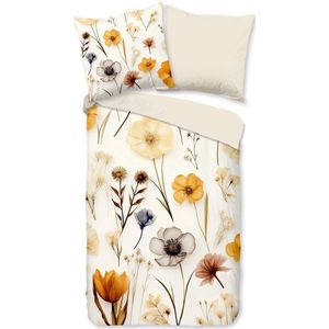 Dekbedovertrek 155x220 cm - Rustige Bloemen Print - Geel/Beige - 1 Persoons - 100% Katoen - Oeko-Tex Gecertificeerd
