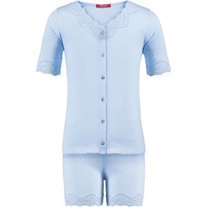 Exclusief Luxueus Kinder nachtkleding Luxe mooie zacht blauwe Girly Shorty Pyjama Set van Hanssop met verfijnde kant details, Meisjes shorty pyjama, licht blauw, maat 152