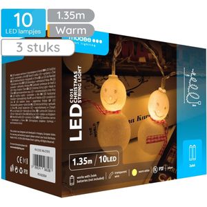 Modee Lichtsnoer Kerstballen Sneeuwmannen 1.35 Meter - Kerstverlichting voor Binnen - Inclusief 3xAA Batterijen - 10 LED Lampjes IP20 - 2700K - Warm Wit Licht - 3 stuks