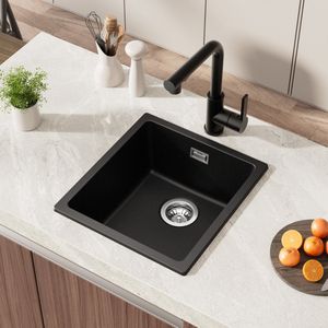 Auralum Spoelbak Keuken 40x44CM - Enkele Spoelbakken Graniet - Onderbouw Spoelbak Zwart - Met waterafvoersysteem - Voor 40 cm kast