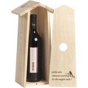 Gegraveerde houten wijnkist 1 fles met de tekst Jullie een nieuwe woning