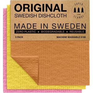 Zweedse vaatdoeken, herbruikbare, biologisch afbreekbare, cellulosesponsreinigingsdoeken voor keuken, papieren handdoek, vervangende washandjes (3 grote doeken, roze/oranje/geel)
