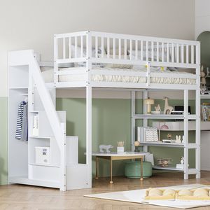 Sweiko Hoogslaper 90 x 200, Hoge Veiligheidsuitvoering met Kledingkast,Legplanken en opbergruimte met veilige klimladder, multifunctioneel houten bed, kinderbed, eenpersoonsbed,Wit (geen matras)