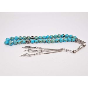 Handgemaakte tasbih 33 Kralen Natuursteen “ Turkoois bakeliet” - met metaal tassel “Palestina""- 10 mm diameter van de korrel