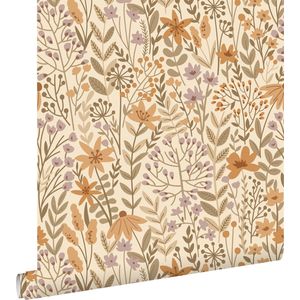 ESTAhome behang veldbloemen beige, oranje en lila paars - 0.53 x 10.05 m - 139790