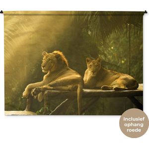 Wandkleed Leeuwen - Leeuwen in de jungle Wandkleed katoen 180x135 cm - Wandtapijt met foto