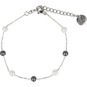 My Bendel - Zilveren fijne armband met zwarte en witte parels - Fijne zilveren schakelarmband met Black/witte parels - Met luxe cadeauverpakking