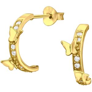 Joy|S - Zilveren vlinder oorringen 14 mm stud - zirkonia en 2 fladerende vlindertjes oorbellen - goldplated