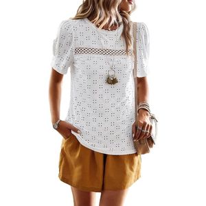 Zomer Top Vrouwen - Ronde Hals Trui - Stijlvolle Bladerdeeg Mouw - Casual Blouse - Kant Gehaakte Trim - Lady Korte Mouw T-shirt - Wit.