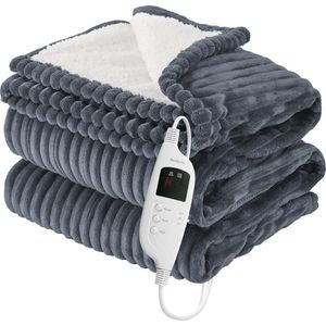 Elektrische deken met automatische uitschakeling, geribbeld, elektrische warmtedeken, 200 x 180 cm, snelle opwarming, 8 warmtestanden, 9 tijdinstellingen, zachte flanellen knuffeldeken