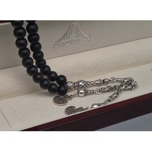 Tesbih Natuursteen ""Mat zwart onyx"" en 925 zilver met tassel ""Paddestoel"" - Aantal kralen 33 - Diameter kralen 8mm