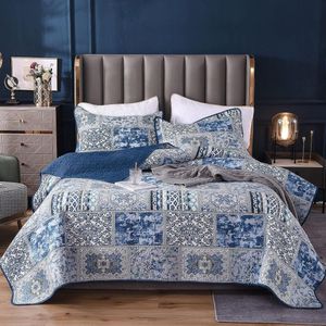 Patchwork sprei 220 x 240 cm, blauwe bedsprei voor tweepersoonsbed, vintage stijl, gewatteerde zomerdeken met kussenset, gemaakt van katoen en polyester, shabby chic