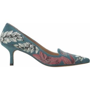 Mangará Ipê dames pumps - leer - handgemaakt - borduursel - 6cm kitten hak - turquoise - maat 40