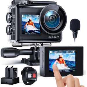 iZEEKER iA200 Action Cam met EIS - 4K 24MP WiFi - Waterdicht 40M - Dual Screen - Externe Microfoon - 2 x 1350 mAh batterijen, Accessoire Kit