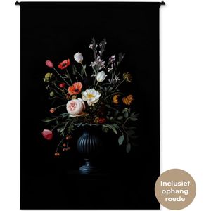 Wandkleed 120x180 cm - Wanddoek Bloemstuk - Vaas - Zwart - Wandtapijt - Wandkleden