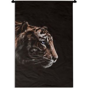 Wandkleed TijgerKerst illustraties - Kop van een tijger op een zwarte achtergrond Wandkleed katoen 60x90 cm - Wandtapijt met foto
