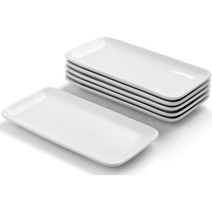 Rechthoekige borden, set van 6, serveerborden, porselein, wit, 23 x 12 cm, serveerborden, langwerpig, kleine dinerborden voor dessert, cake, sushi, salade, antipasti.