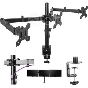 Driedubbele Monitor Bureauklemstandaard voor 13-26 Inch - Drie Armen Bevestigingssysteem, VESA 75x75 of 100x100, Max. 8 kg per arm, Zwart