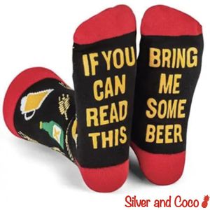 SilverAndCoco® - Bier Sokken / Gekke Vrolijke Foute Happy Vaderdag Kleding / Leuke Grappige Dikke Warme Heren Vrouwen Socks / Verjaardag Sok Outfit Biertje Katoen / Mannen Vrouwen Kerst Cadeau Tekst - If you can read this - Beer