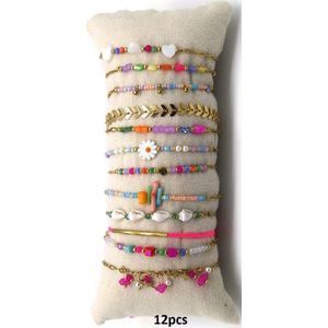 Armbanden Dames - Set 12 Stuks op Kussen - RVS - Lengte 17-21 cm - Goudkleurig en Multicolor