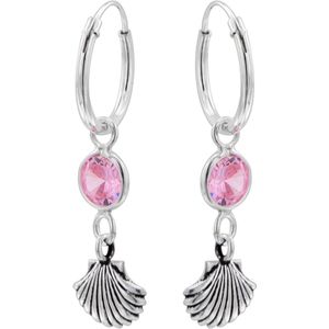 Oorbellen 925 zilver | Oorringen met hanger | Zilveren oorringen met hanger, schelp en roze kristal