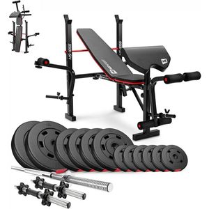 Hop-Sport Verstelbare Fitnessbank HS-1055 met Curlpult, Vlinder en Beencurler inclusief 38 kg - 129,5 kg Halterset naar Keuze met Lange Halterstang, Korte Halters en SZ-Curlstang (92 kg)