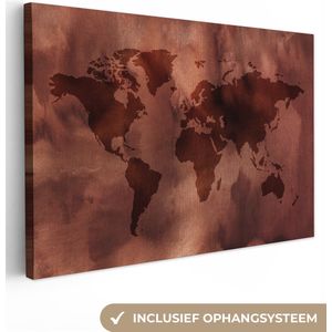 Canvas Wereldkaart - 90x60 - Wanddecoratie Wereldkaart - Sepia - Textiel