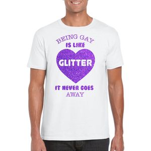 Bellatio Decorations Gay Pride T-shirt voor heren - being gay is like glitter - wit/paars - LHBTI XXL