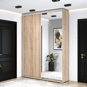 Hoge kledingkast met 2 schuifdeuren - Kledingkast met spiegel - 180x242x45 cm - Sonoma - Aluminium handgrepen - Interieur met planken en roede - Hoge kwaliteitsgarantie