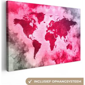 Canvas Wereldkaart - 30x20 - Wanddecoratie Wereldkaart - Rood - Zwart