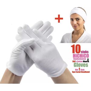 10 Stuks Witte katoenen Handschoen + 1 Stuks Haarband Met Magische Tape – 5 Pairs Soft Cotton Gloves Coin Jewelry Silver Inspection Gloves Stretchable Lining Glove / Headband - Gloves 100% Cotton Maat L