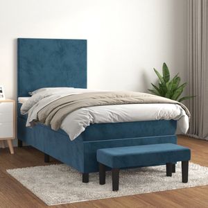 The Living Store Boxspringbed - fluweel - pocketvering - 80x200cm - donkerblauw-wit