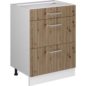 Vicco Keukenonderkast R-Line, Artisanaal eiken/Wit, 60 cm met laden, met marmeren werkblad