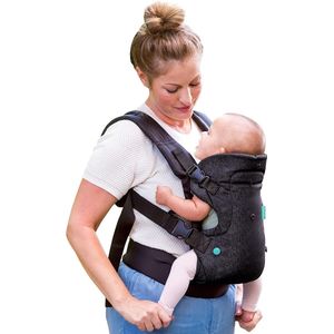 Baby Carrier Flip 4-in-1 zwart denim, babycarrier met ergonomische zitting, verstelbaar, buik- of rugdragermode, voor baby's van 3,6 tot 14,5 kg, 1 stuk