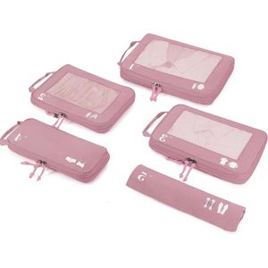 Set Compressie Verpakking Kubussen - Organizer Tassen - Reisaccessoires - Schoenen Tas - Scheurbestendige Reiskubussen - ID-tag - Uitbreidbare Verpakkingstassen - Roze Koffer Organizer