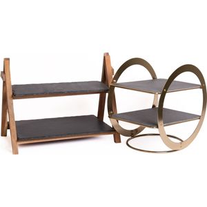 2-delige serviesset met 2-tier Geometrische messing serveerstandaard met leistenen serveerplateaus en 2-tier leisteen & houten serveerstandaard