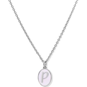 Silventi 9LA-20059-P Zilveren Ketting met Letterhangertje - P - Ovaal - 12x8,8mm - Emaille - Lila - Initiaal sieraad - Rhodium - Zilver