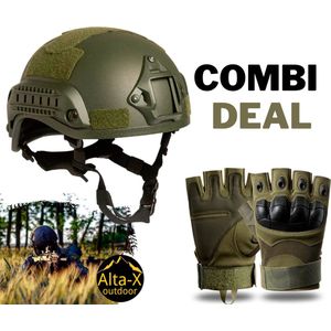Alta-X - Airsoft Helm & Airsoft Vingerloze Handschoenen Groen Combi deal - Paintbal helm - leger Helm - leger handschoenen -