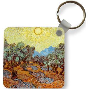 Sleutelhanger - Olijfbomen met gele hemel en zon - Vincent van Gogh - Plastic - Rond - Uitdeelcadeautjes