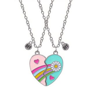 Kasey - Vriendschapsketting - Vriendschap Cadeau - Vriendschapsketting Voor 2 - BFF Ketting Voor 2 - Best Friends Ketting - Hartje - Regenboog Met Bloem - Zilverkleurig