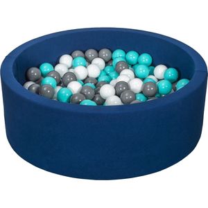 Ballenbad rond - blauw - 90x30 cm - met 200 wit, grijs en turquoise ballen
