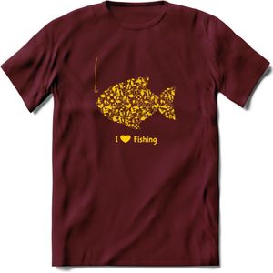 I Love Fishing - Vissen T-Shirt | Geel | Grappig Verjaardag Vis Hobby Cadeau Shirt | Dames - Heren - Unisex | Tshirt Hengelsport Kleding Kado - Burgundy - XXL