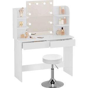 BukkitBow - Luxe Uitgebreide Kaptafel - Set met Luxe Kruk en Verlichte LED-Spiegel - Inclusief Lades en Opbergplankjes - Ideaal voor Make-UP - 108X40X142CM