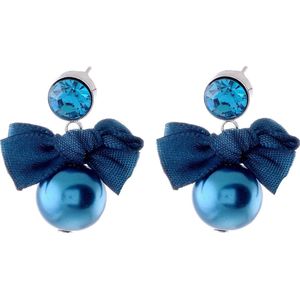 Behave Oorbel hanger blauw parel steentje strikje 3 cm