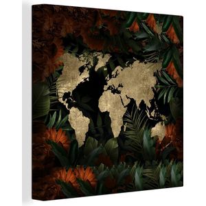 Canvas Wereldkaart - 90x90 - Wanddecoratie Wereldkaart - Retro - Bloemen