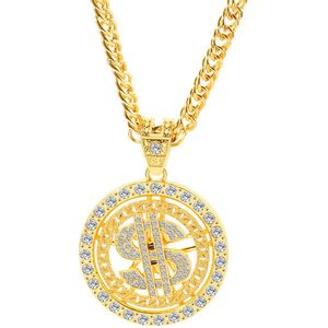 Pimp Ketting met Dollar medaillon - Goud met Zirkonia's - Draaiend - Zwaar - 70CM - Carnaval, Foute Party Sieraad